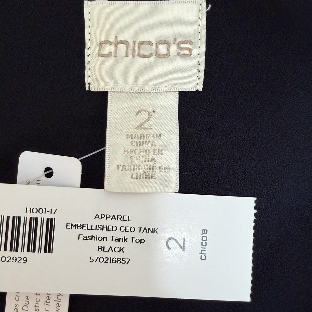 CHICOS Womens Embellished Geo Mesh Beaded Tank Size 2/L Black Going Out Top NEW - Picture 5 of 7